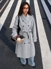 FavEase 2026 Autumn/Winter Leather Coat-Stand-Up Collar, Double Button Closure, Belted Waist,Casual And Elegant,Suitable For Business Office And Festive Wear. - Grey - View 8