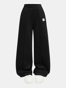 SHEIN Girlism 2件組青少年女孩純黑色冬季休閒度假返校復古寬鬆圖案連帽衛衣與運動長褲保暖運動套裝 - 黑色 - 查看 12