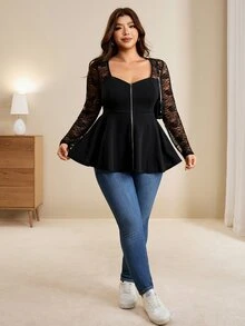 Edennvi Plus Size Women's Best-Selling Square V-Neck Waist-Cinched Lace Patchwork T-Shirt, Metal Zipper Decor Design, Suitable For Daily Commute, Outings, Gatherings, Dating, And Photo-Taking - Black - View 7