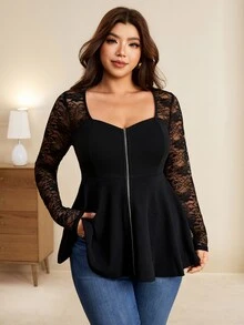 Edennvi Plus Size Women's Best-Selling Square V-Neck Waist-Cinched Lace Patchwork T-Shirt, Metal Zipper Decor Design, Suitable For Daily Commute, Outings, Gatherings, Dating, And Photo-Taking - Black - View 4