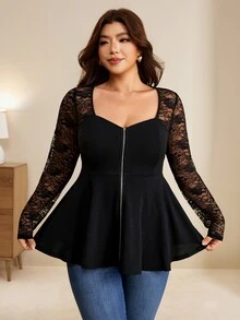 Edennvi Plus Size Women's Best-Selling Square V-Neck Waist-Cinched Lace Patchwork T-Shirt, Metal Zipper Decor Design, Suitable For Daily Commute, Outings, Gatherings, Dating, And Photo-Taking - Black - View 5