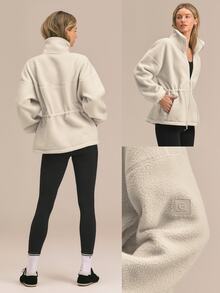 GLOWMODE Cozy Era Fleece Jacket With Cinched-Waist, Oversized Lapel & Front Pockets Outdoor Fall Winter Daily Casual Wear - White - View 9