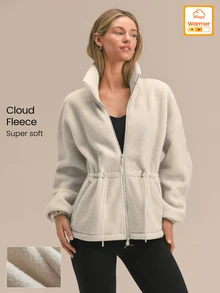 GLOWMODE Cozy Era Fleece Jacket With Cinched-Waist, Oversized Lapel & Front Pockets Outdoor Fall Winter Daily Casual Wear - White - View 1