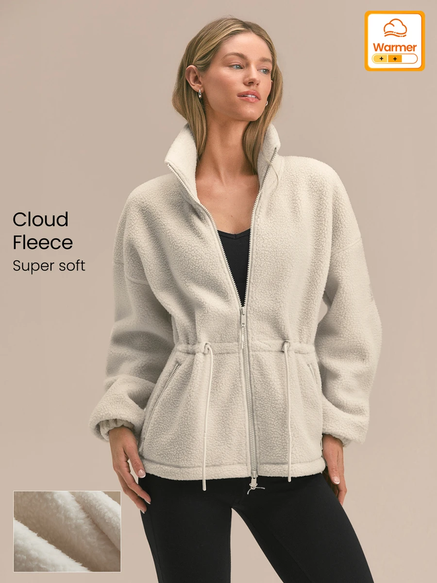 GLOWMODE Cozy Era Fleece Jacket With Cinched-Waist, Oversized Lapel & Front Pockets Outdoor Fall Winter Daily Casual Wear - White - View 1