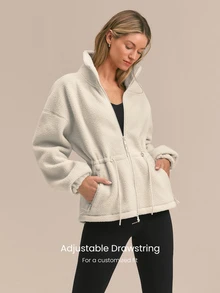 GLOWMODE Cozy Era Fleece Jacket With Cinched-Waist, Oversized Lapel & Front Pockets Outdoor Fall Winter Daily Casual Wear - White - View 5