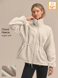 GLOWMODE Cozy Era Fleece Jacket With Cinched-Waist, Oversized Lapel & Front Pockets Outdoor Fall Winter Daily Casual Wear