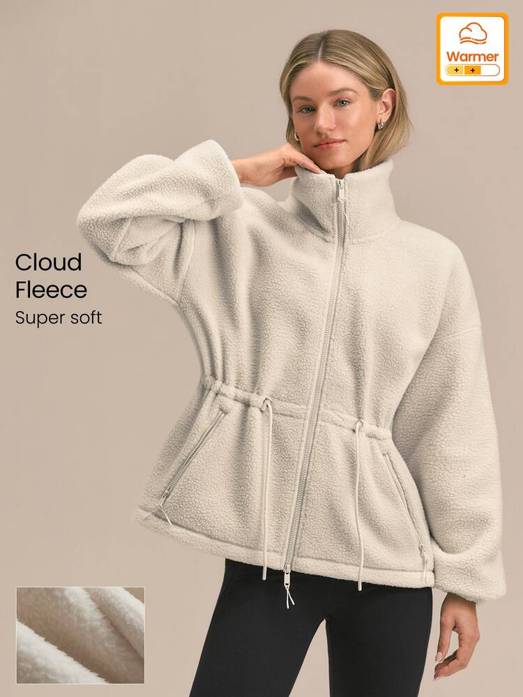 GLOWMODE Cozy Era Fleece Jacket With Cinched-Waist, Oversized Lapel & Front Pockets Outdoor Fall Winter Daily Casual Wear - White - View 1