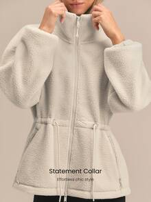 GLOWMODE Cozy Era Fleece Jacket With Cinched-Waist, Oversized Lapel & Front Pockets Outdoor Fall Winter Daily Casual Wear - White - View 4