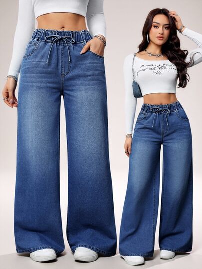 SHEIN Tall Jeans casuales de cintura alta y pierna ancha para mujer, pantalones azules, ropa de verano para mujer, jeans con cintura elástica, pantalones rectos sueltos casuales, para mujeres altas