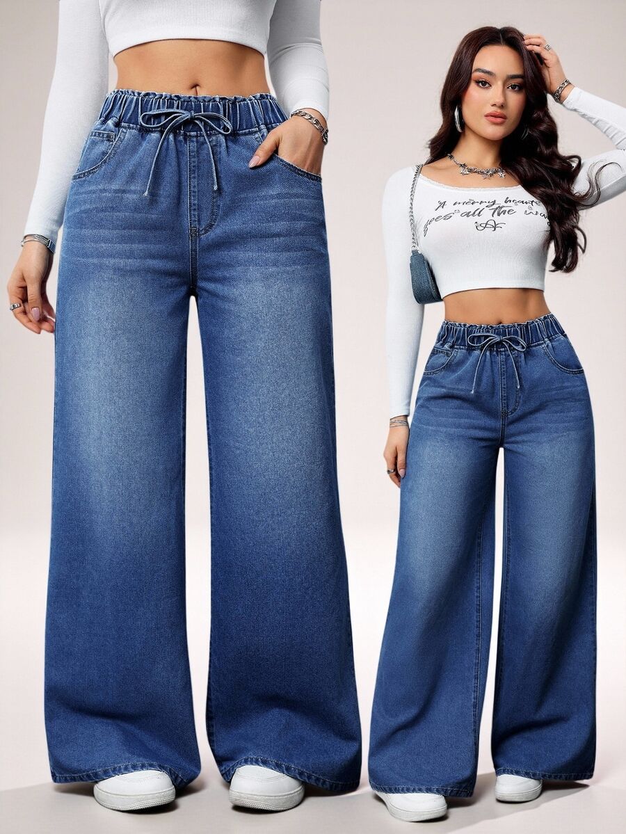 SHEIN Tall 女款休閒高腰寬腿牛仔長褲 藍色 夏季女裝 鬆緊腰帶 寬鬆直筒牛仔褲 高個女性適用 - 深色水洗藍 - 查看 1