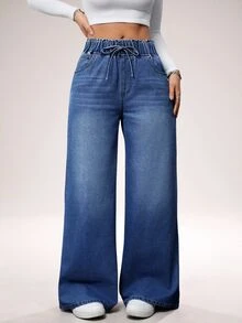 SHEIN Tall 女款休閒高腰寬腿牛仔長褲 藍色 夏季女裝 鬆緊腰帶 寬鬆直筒牛仔褲 高個女性適用 - 深色水洗藍 - 查看 6