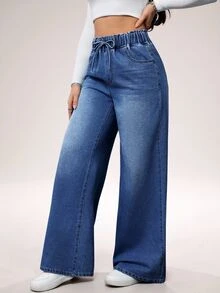 SHEIN Tall 女款休閒高腰寬腿牛仔長褲 藍色 夏季女裝 鬆緊腰帶 寬鬆直筒牛仔褲 高個女性適用 - 深色水洗藍 - 查看 4