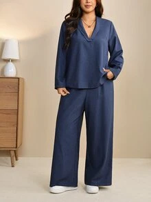 Edennvi Plus Size Women's Spring/Autumn Fashion Casual Loose Slimming Navy Blue V-Neck Long Sleeve Top & Wide Leg Pants 2 Pieces Set, Commuter Versatile Outfit - Blue - View 3