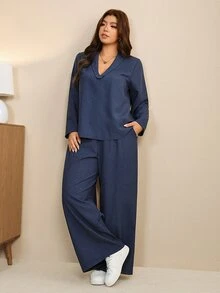 Edennvi Plus Size Women's Spring/Autumn Fashion Casual Loose Slimming Navy Blue V-Neck Long Sleeve Top & Wide Leg Pants 2 Pieces Set, Commuter Versatile Outfit - Blue - View 6