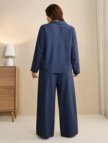 Edennvi Plus Size Women's Spring/Autumn Fashion Casual Loose Slimming Navy Blue V-Neck Long Sleeve Top & Wide Leg Pants 2 Pieces Set, Commuter Versatile Outfit - Blue - View 2