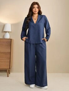 Edennvi Plus Size Women's Spring/Autumn Fashion Casual Loose Slimming Navy Blue V-Neck Long Sleeve Top & Wide Leg Pants 2 Pieces Set, Commuter Versatile Outfit - Blue - View 1