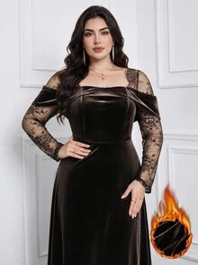 Modelyn Plus Size Elegant Party Lace Patchwork Dress - Coffee Brown - View 1