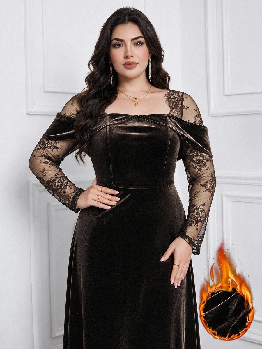 Modelyn Plus Size Elegant Party Lace Patchwork Dress - Coffee Brown - View 1
