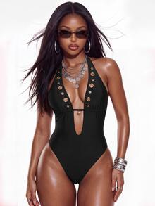 Oceva Women's Backless Halter One-Piece Swimsuit Beach Party Club Black And Gold Summer Sexy - Black - View 4