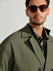 VeloEdit Men's Autumn Casual Double-Breasted Belted Trench Coat - Army Green - View 8