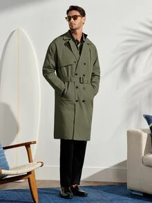 VeloEdit Men's Autumn Casual Double-Breasted Belted Trench Coat - Army Green - View 4