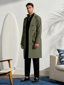 VeloEdit Men's Autumn Casual Double-Breasted Belted Trench Coat - Army Green - View 5