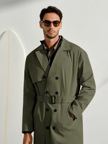 VeloEdit Men's Autumn Casual Double-Breasted Belted Trench Coat - Army Green - View 6