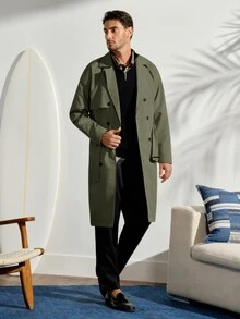 VeloEdit Men's Autumn Casual Double-Breasted Belted Trench Coat - Army Green - View 1