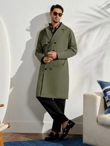 VeloEdit Men's Autumn Casual Double-Breasted Belted Trench Coat - Army Green - View 3
