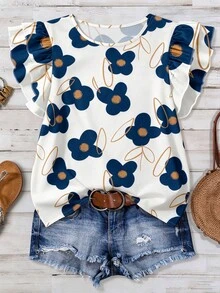 EMERY ROSE Plus Size Women Floral Print Round Neck Casual A Line Versatile Daily Wear Shirt Party Vacation White Summer - Multicolor - View 1