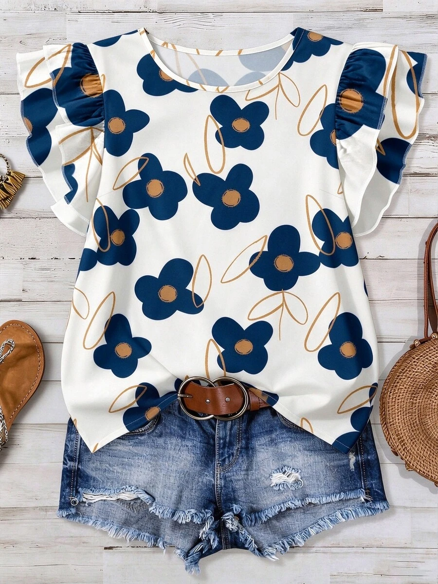 EMERY ROSE Plus Size Women Floral Print Round Neck Casual A Line Versatile Daily Wear Shirt Party Vacation White Summer - Multicolor - View 1