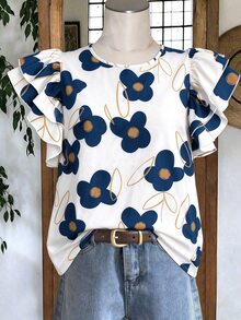 EMERY ROSE Plus Size Women Floral Print Round Neck Casual A Line Versatile Daily Wear Shirt Party Vacation White Summer - Multicolor - View 3