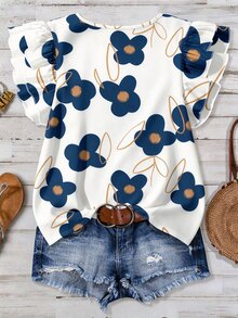 EMERY ROSE Plus Size Women Floral Print Round Neck Casual A Line Versatile Daily Wear Shirt Party Vacation White Summer - Multicolor - View 2