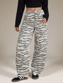 SHEIN Tall Women's Casual Everyday Denim Jeans With Pocket And Button Full Print - White - View 5