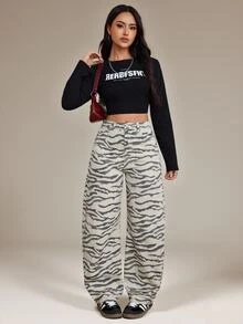 SHEIN Tall Women's Casual Everyday Denim Jeans With Pocket And Button Full Print - White - View 6