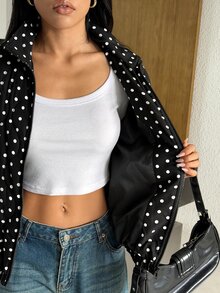 SHEIN EZwear 女款街頭風黑白波點印花拼接口袋薄夾克外套，適合日常外出，秋季/秋冬 - 黑色 - 查看 10