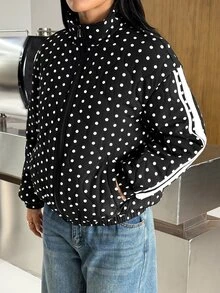 SHEIN EZwear 女款街頭風黑白波點印花拼接口袋薄夾克外套，適合日常外出，秋季/秋冬 - 黑色 - 查看 3