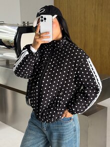 SHEIN EZwear 女款街頭風黑白波點印花拼接口袋薄夾克外套，適合日常外出，秋季/秋冬 - 黑色 - 查看 6