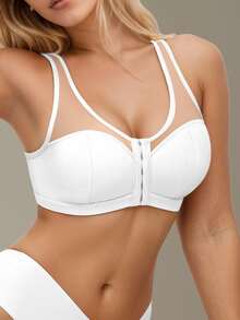 SHEIN Casual Wireless Adjustable Shoulder Strap Front Closure Bra For Women, Solid Color, Nylon - White - View 8
