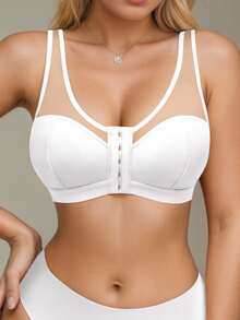 SHEIN Casual Wireless Adjustable Shoulder Strap Front Closure Bra For Women, Solid Color, Nylon - White - View 6
