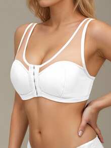 SHEIN Casual Wireless Adjustable Shoulder Strap Front Closure Bra For Women, Solid Color, Nylon - White - View 5