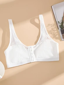 SHEIN Casual Wireless Adjustable Shoulder Strap Front Closure Bra For Women, Solid Color, Nylon - White - View 3