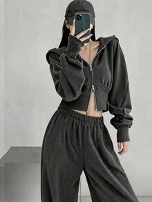 FRIFUL 女款秋冬連帽雙拉鍊短版上衣與運動長褲兩件套冬季 - 灰色 - 查看 9