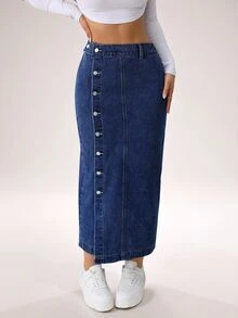 SHEIN Tall 女士牛仔裙休闲宽松侧开叉蓝色中长裙高腰女裙浅蓝色裙子蓝色裙子冬季女装 - 深色水洗藍 - 查看 7