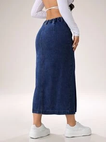 SHEIN Tall 女士牛仔裙休闲宽松侧开叉蓝色中长裙高腰女裙浅蓝色裙子蓝色裙子冬季女装 - 深色水洗藍 - 查看 3