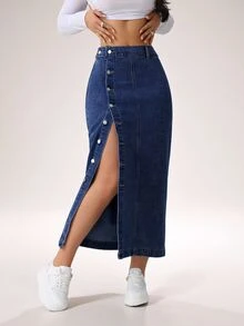 SHEIN Tall 女士牛仔裙休闲宽松侧开叉蓝色中长裙高腰女裙浅蓝色裙子蓝色裙子冬季女装 - 深色水洗藍 - 查看 8