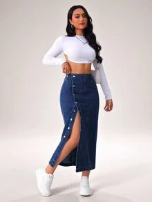 SHEIN Tall 女士牛仔裙休闲宽松侧开叉蓝色中长裙高腰女裙浅蓝色裙子蓝色裙子冬季女装 - 深色水洗藍 - 查看 4