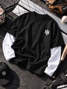 Gym Rark Men's Letter Graphic 2 In 1 Patchwork Casual Sportswear Athletic Daily Sports T-Shirt Gym Workout Black And White - Black - View 3