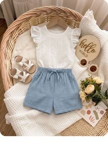 SHEIN Bộ áo trắng dễ thương cho bé gái mùa hè và quần short lưng thun - Xanh và trắng - Xem 8