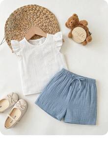 SHEIN Bộ áo trắng dễ thương cho bé gái mùa hè và quần short lưng thun - Xanh và trắng - Xem 9